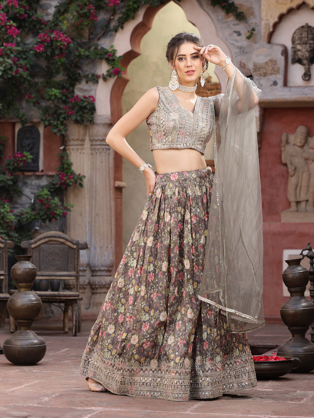 Women's Floral Printed & Embroidered Silk Blend Lehenga Dupatta with Blouse