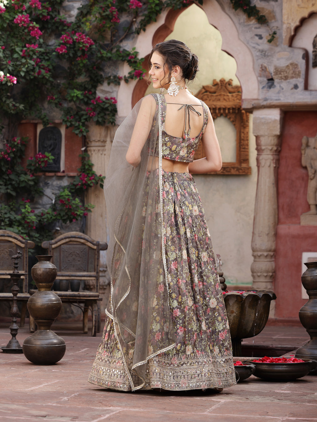 Women's Floral Printed & Embroidered Silk Blend Lehenga Dupatta with Blouse