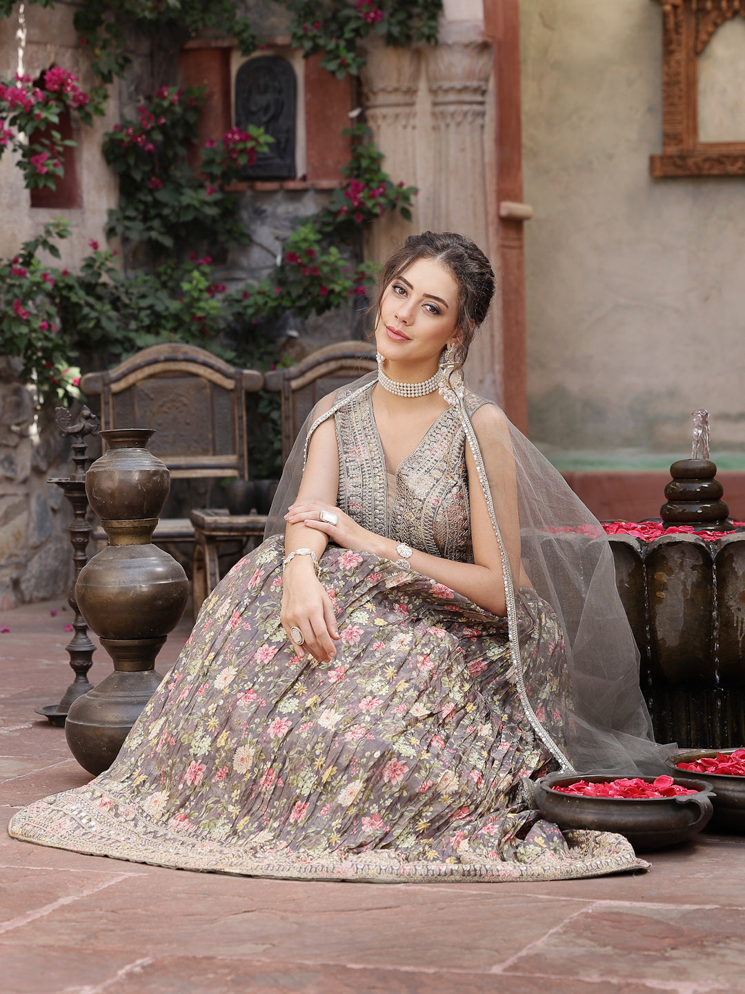 Women's Floral Printed & Embroidered Silk Blend Lehenga Dupatta with Blouse