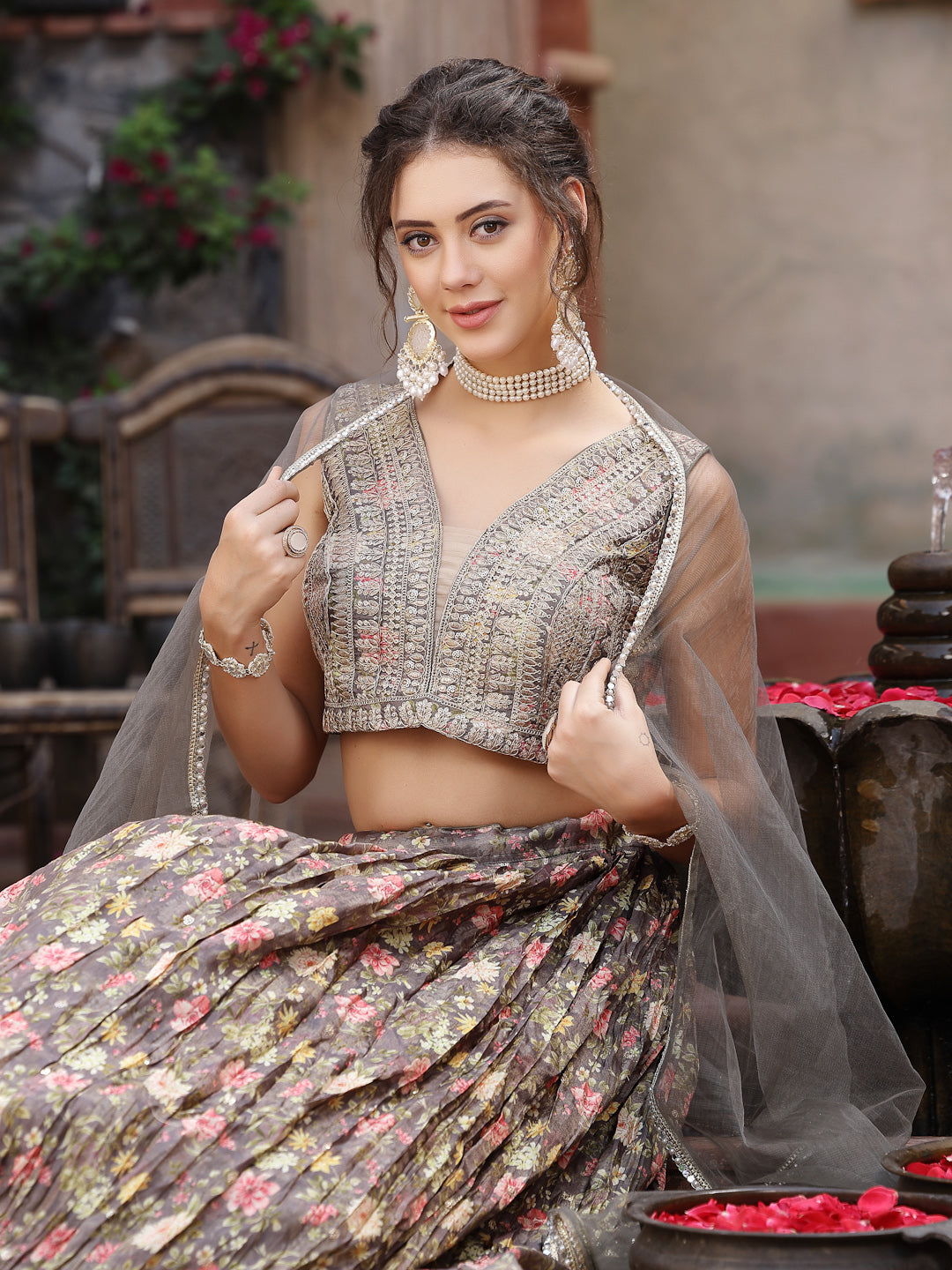 Women's Floral Printed & Embroidered Silk Blend Lehenga Dupatta with Blouse