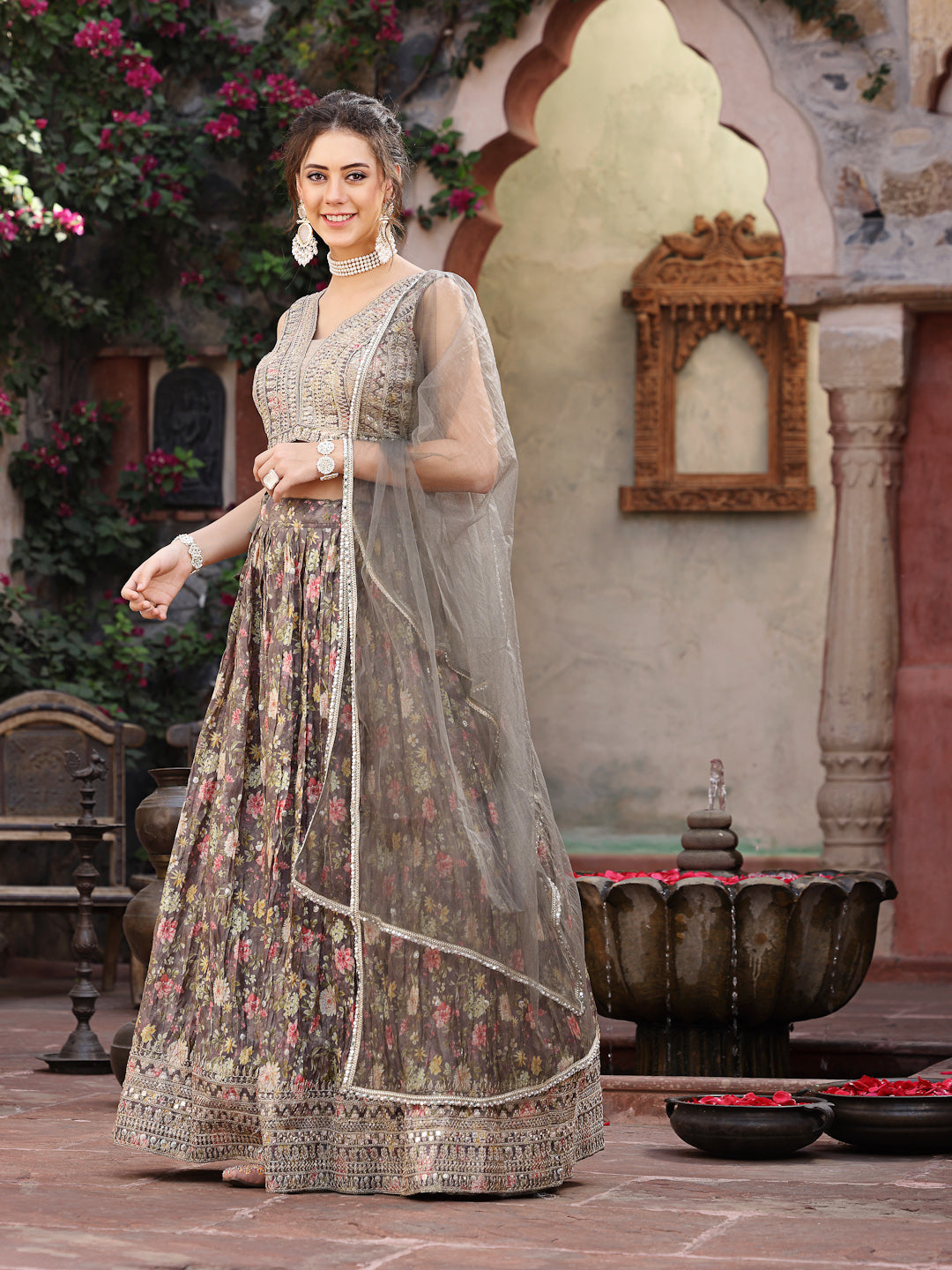 Women's Floral Printed & Embroidered Silk Blend Lehenga Dupatta with Blouse