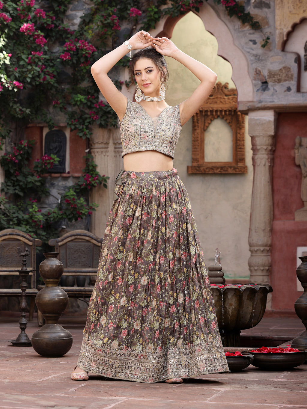 Women's Floral Printed & Embroidered Silk Blend Lehenga Dupatta with Blouse