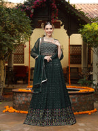 Women's Green Embroidered Georgette Lehenga & Blouse with Dupatta