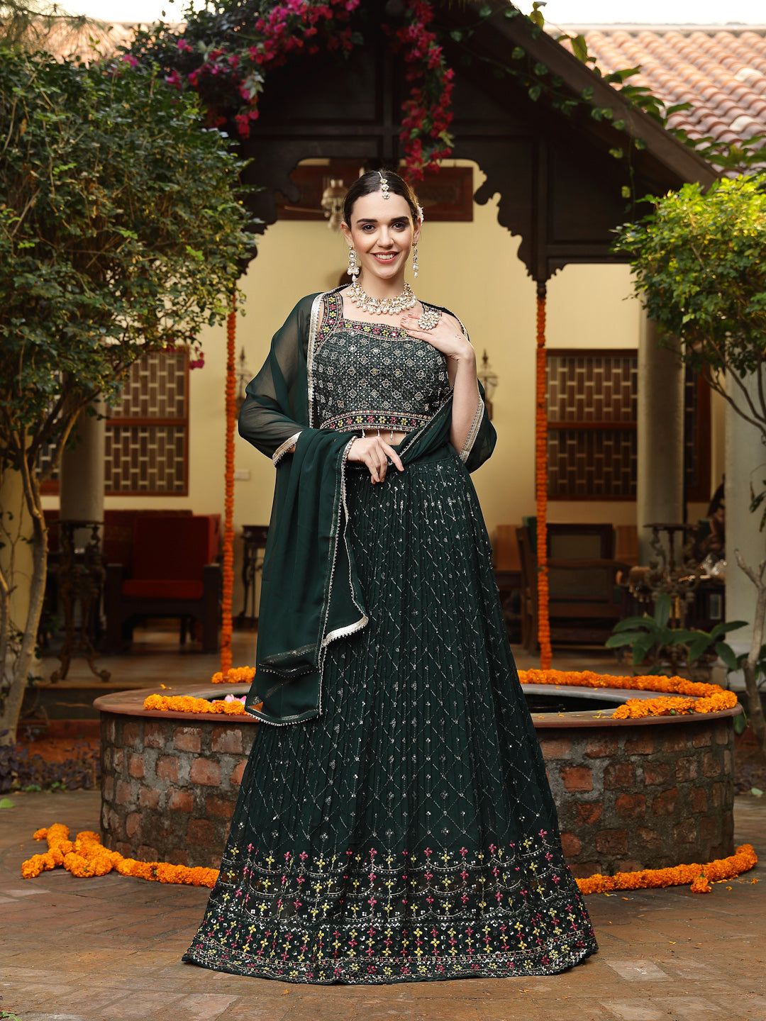 Women's Green Embroidered Georgette Lehenga & Blouse with Dupatta