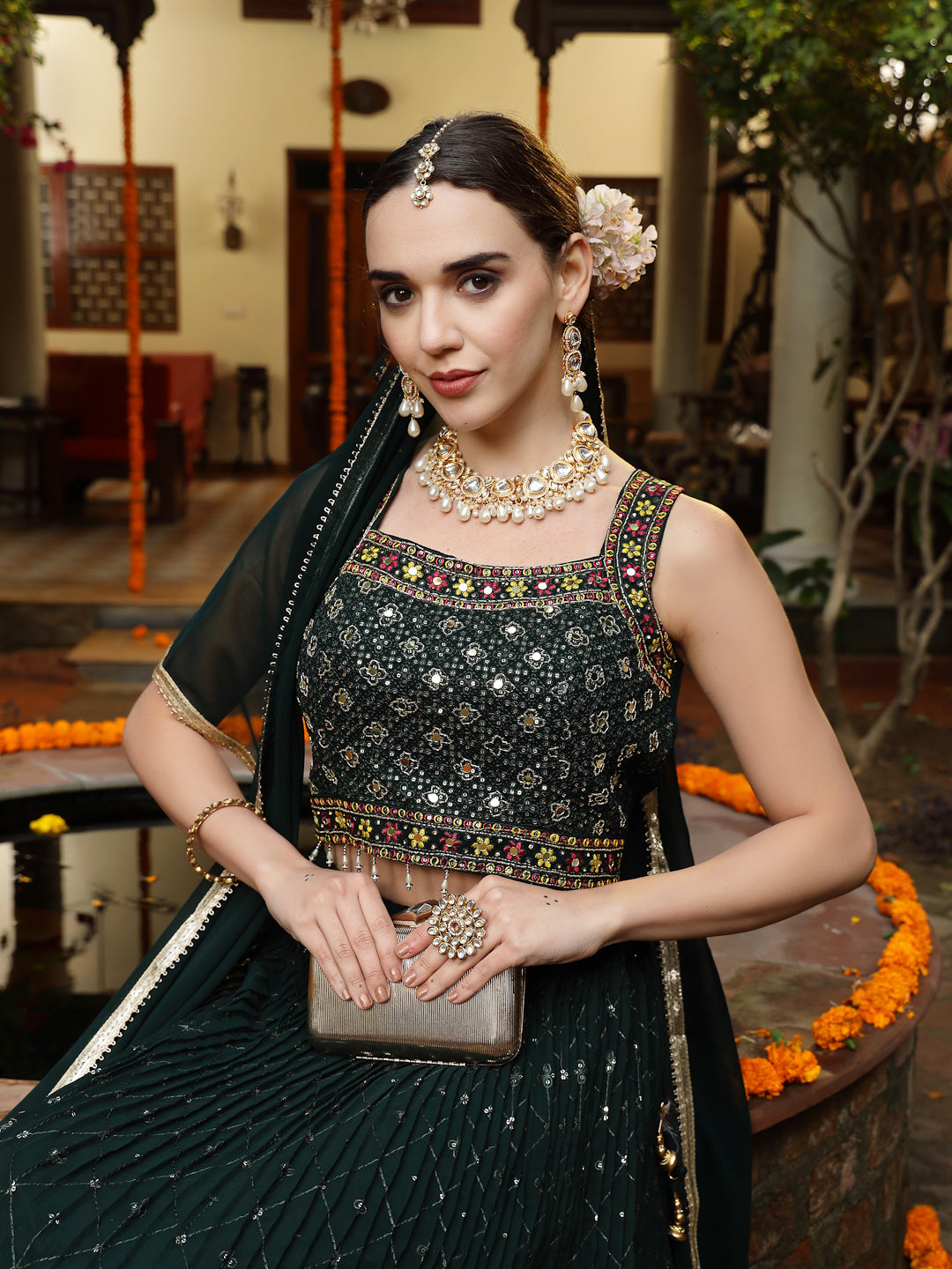 Women's Green Embroidered Georgette Lehenga & Blouse with Dupatta