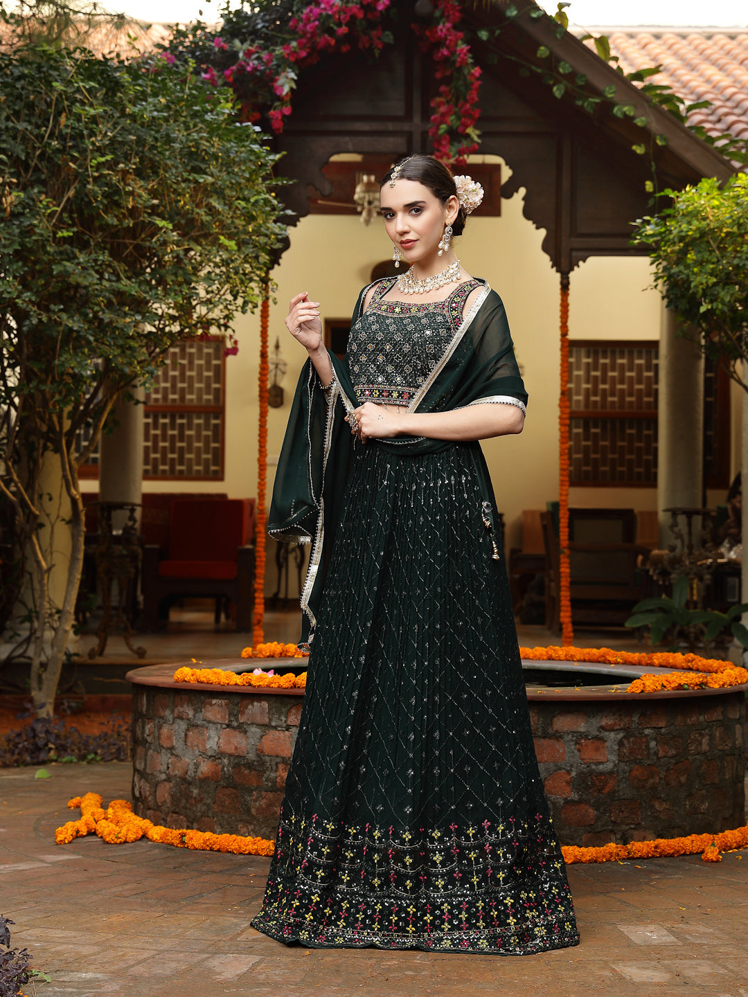 Women's Green Embroidered Georgette Lehenga & Blouse with Dupatta