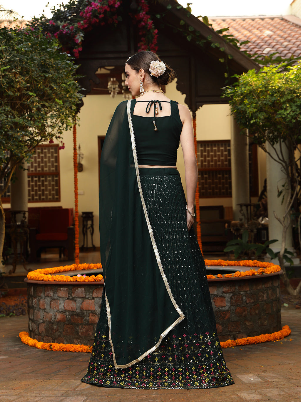 Women's Green Embroidered Georgette Lehenga & Blouse with Dupatta