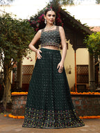 Women's Green Embroidered Georgette Lehenga & Blouse with Dupatta