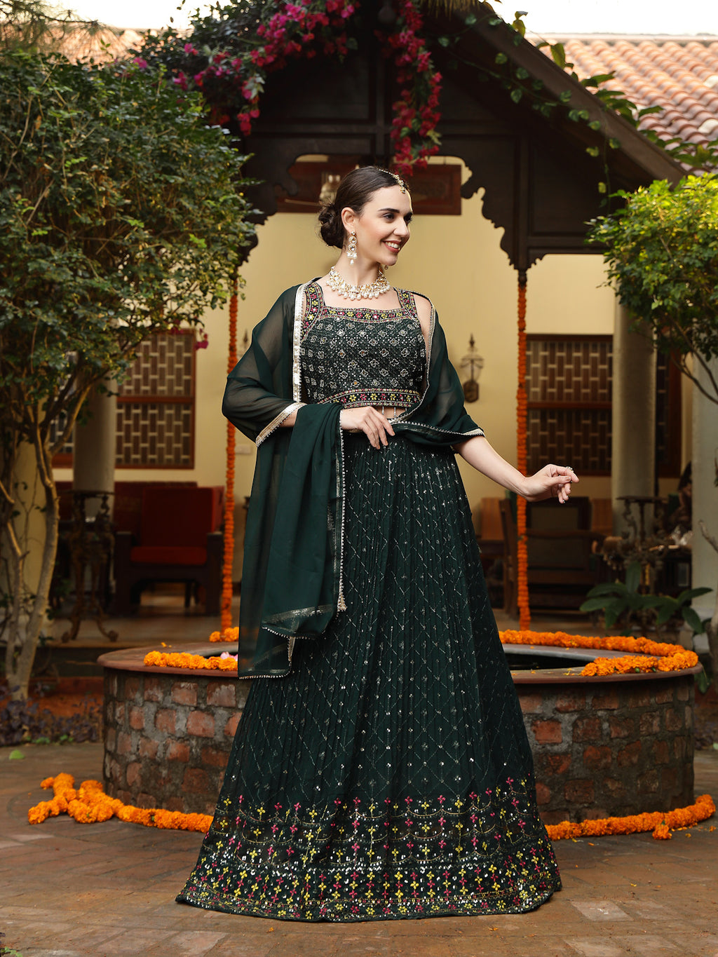 Women's Green Embroidered Georgette Lehenga & Blouse with Dupatta