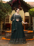Women's Green Embroidered Georgette Lehenga & Blouse with Dupatta