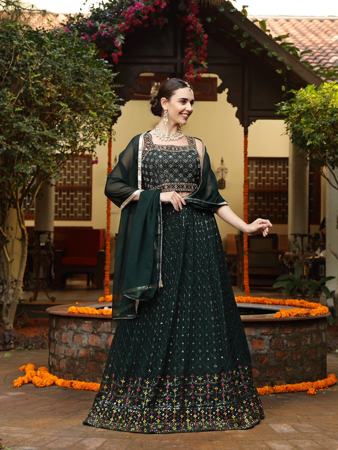 Women's Green Embroidered Georgette Lehenga & Blouse with Dupatta