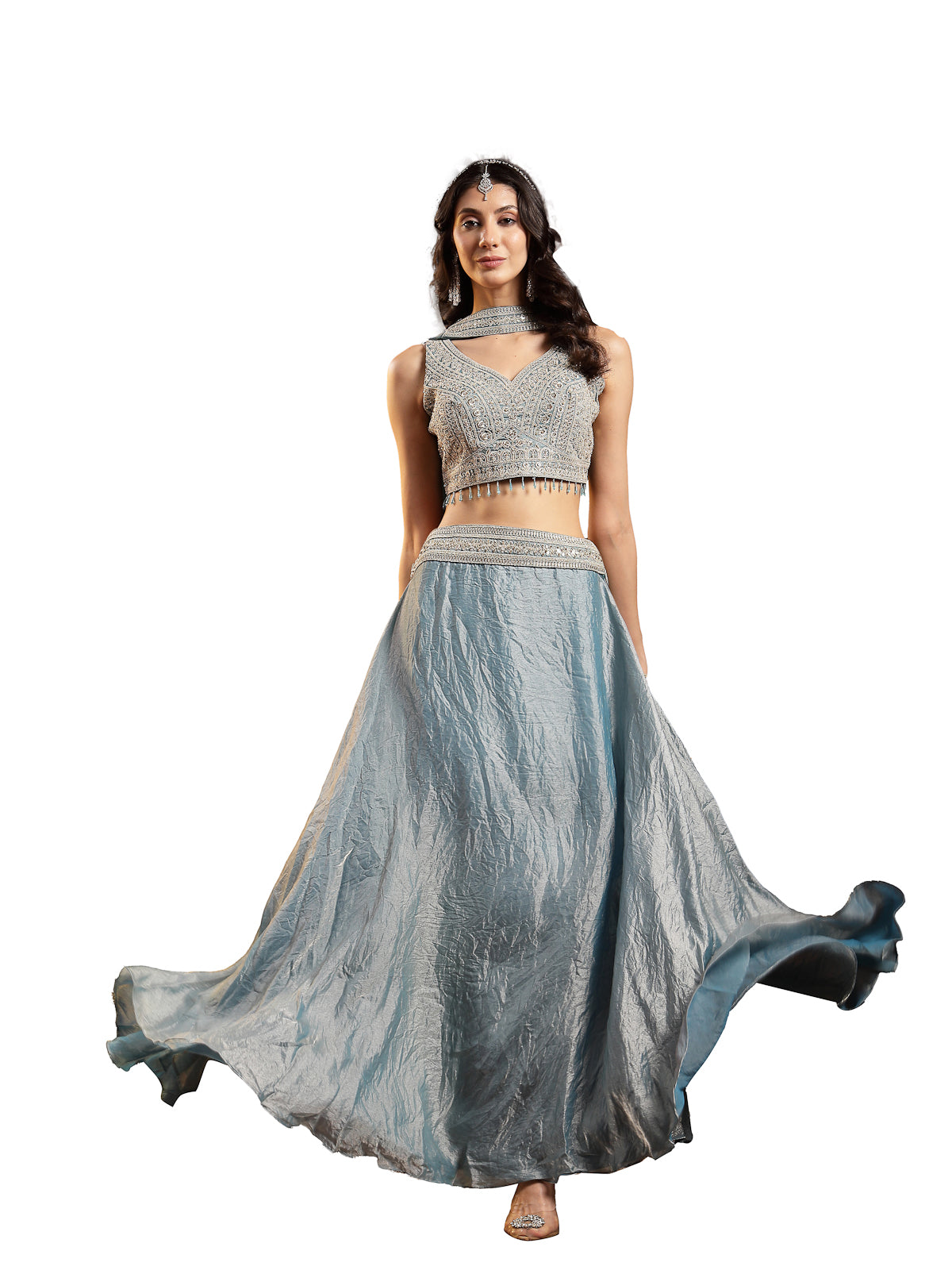 Women's Grey Solid & Embroidered Silk Blend Lehenga Choli With Dupatta