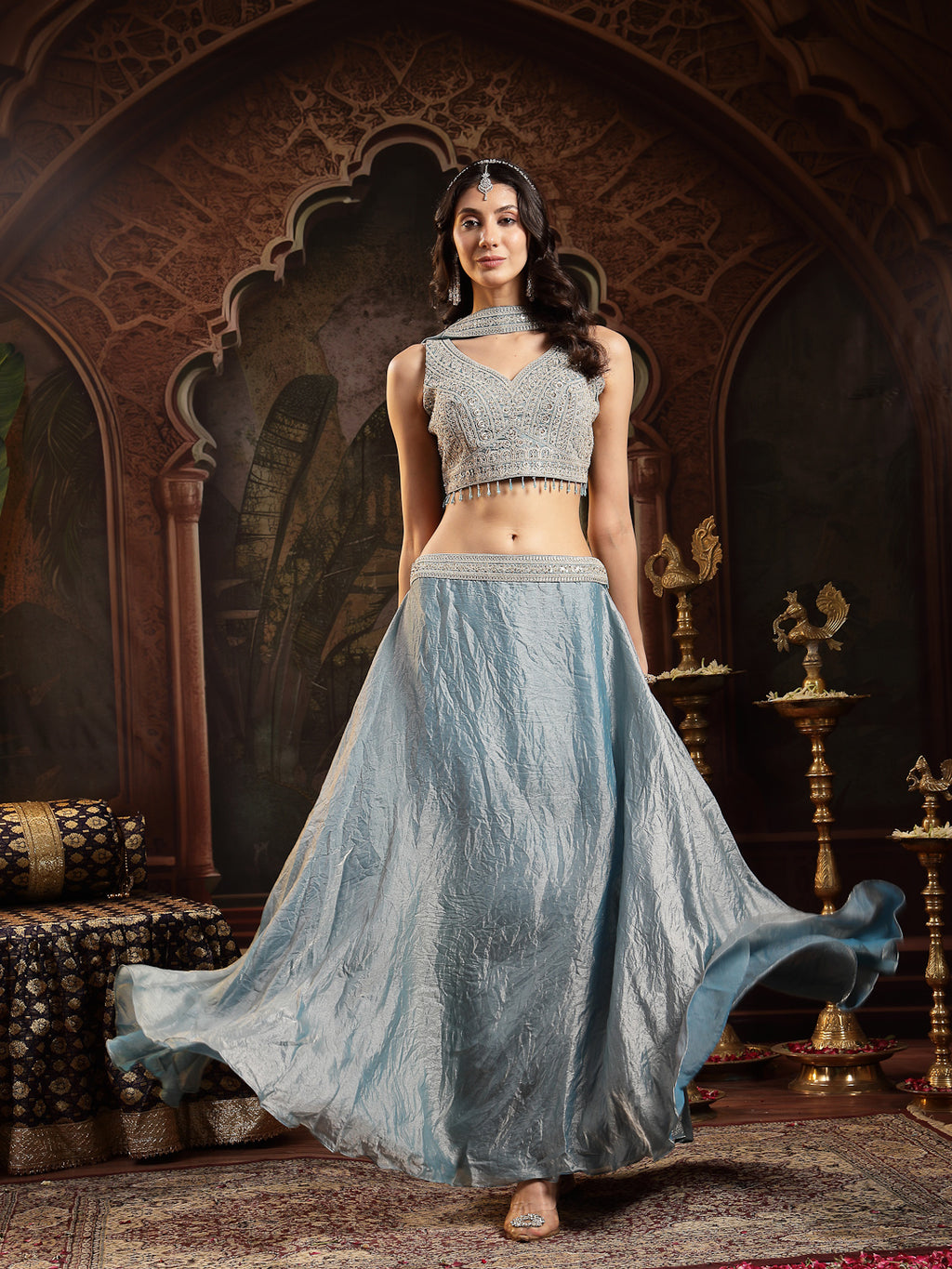 Women's Grey Solid & Embroidered Silk Blend Lehenga Choli With Dupatta