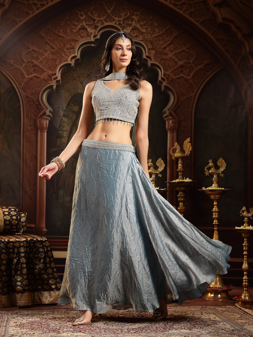 Women's Grey Solid & Embroidered Silk Blend Lehenga Choli With Dupatta