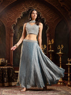 Women's Grey Solid & Embroidered Silk Blend Lehenga Choli With Dupatta