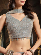 Women's Grey Solid & Embroidered Silk Blend Lehenga Choli With Dupatta