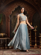 Women's Grey Solid & Embroidered Silk Blend Lehenga Choli With Dupatta