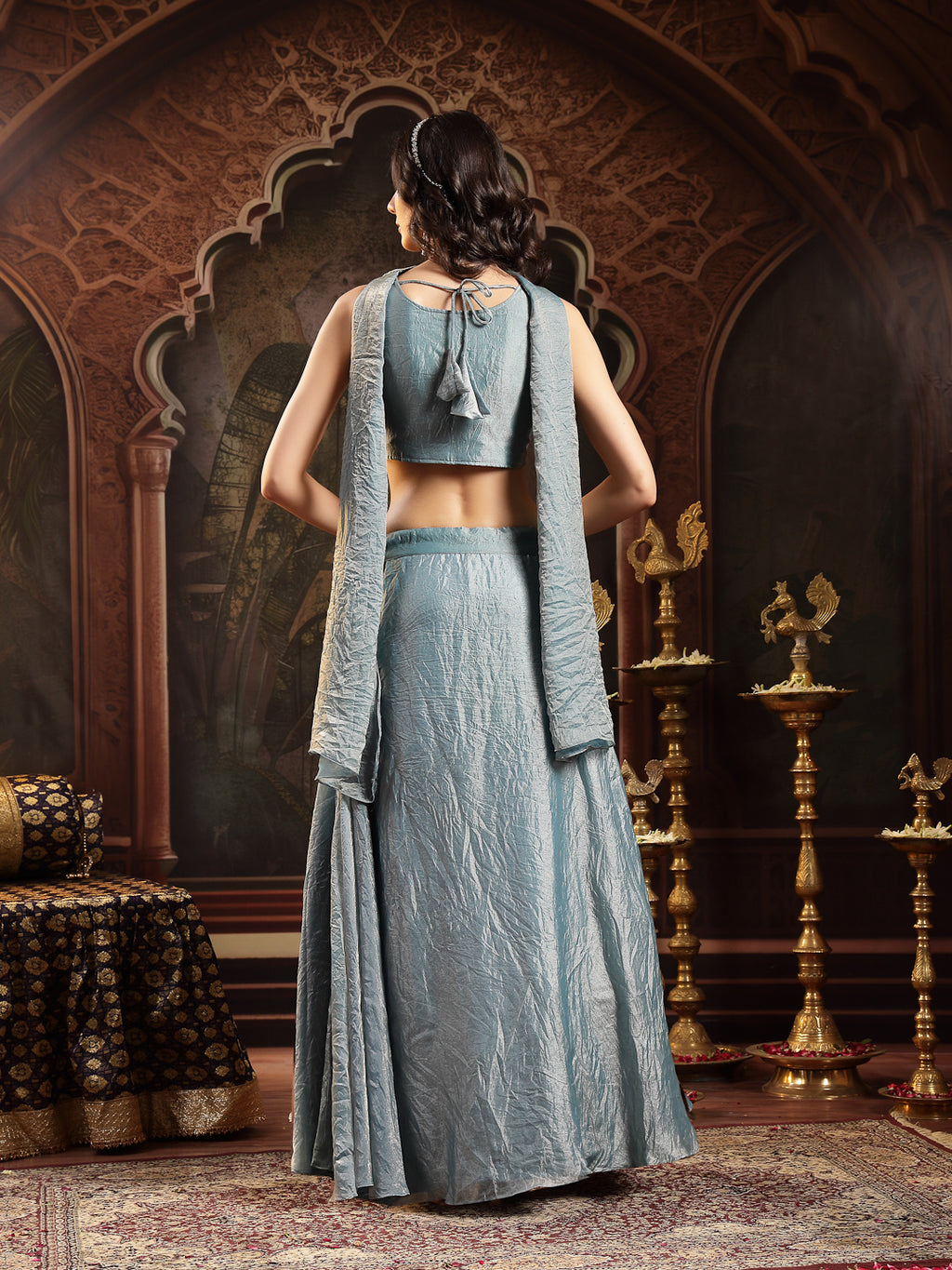 Women's Grey Solid & Embroidered Silk Blend Lehenga Choli With Dupatta