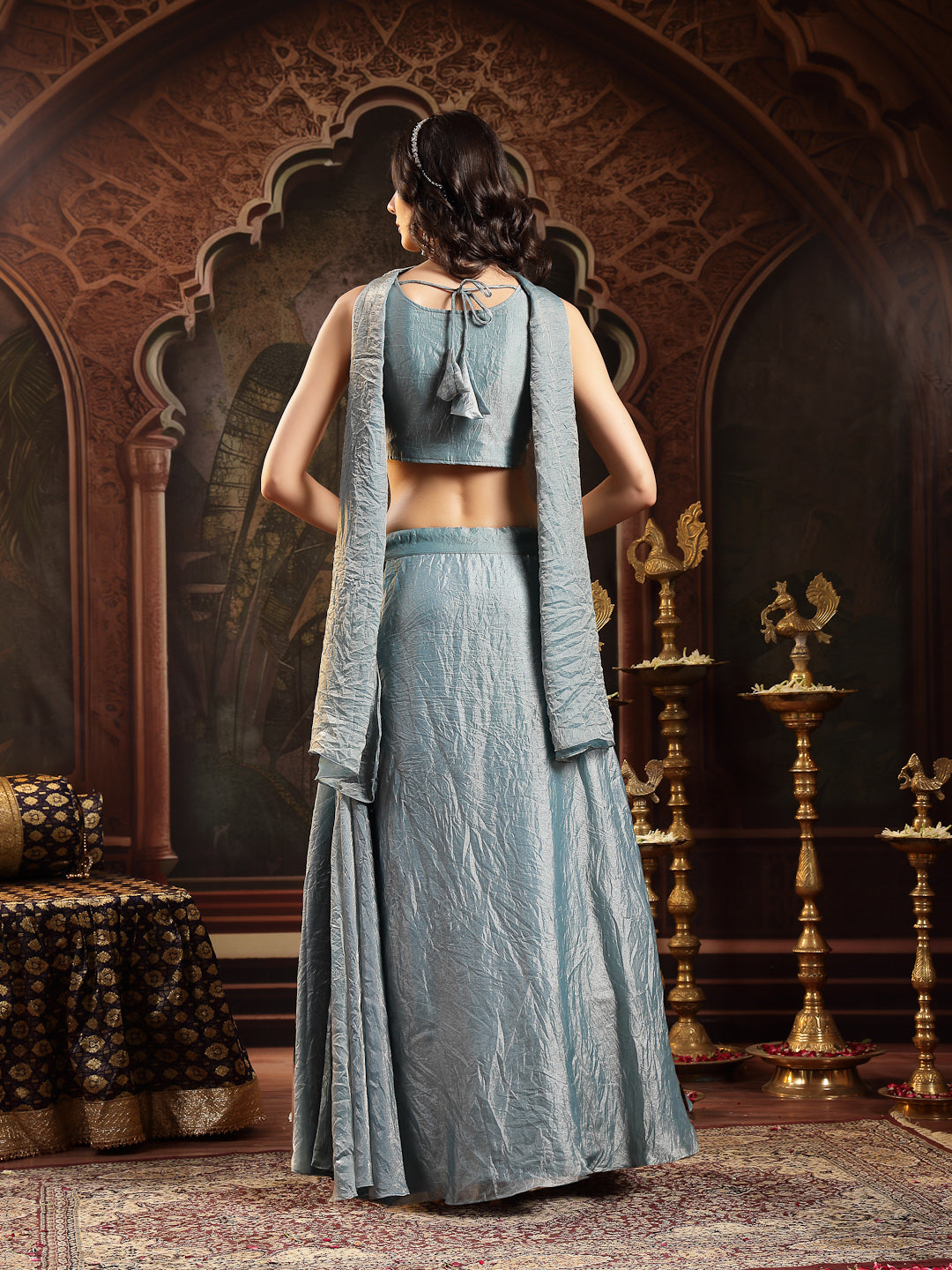 Women's Grey Solid & Embroidered Silk Blend Lehenga Choli With Dupatta