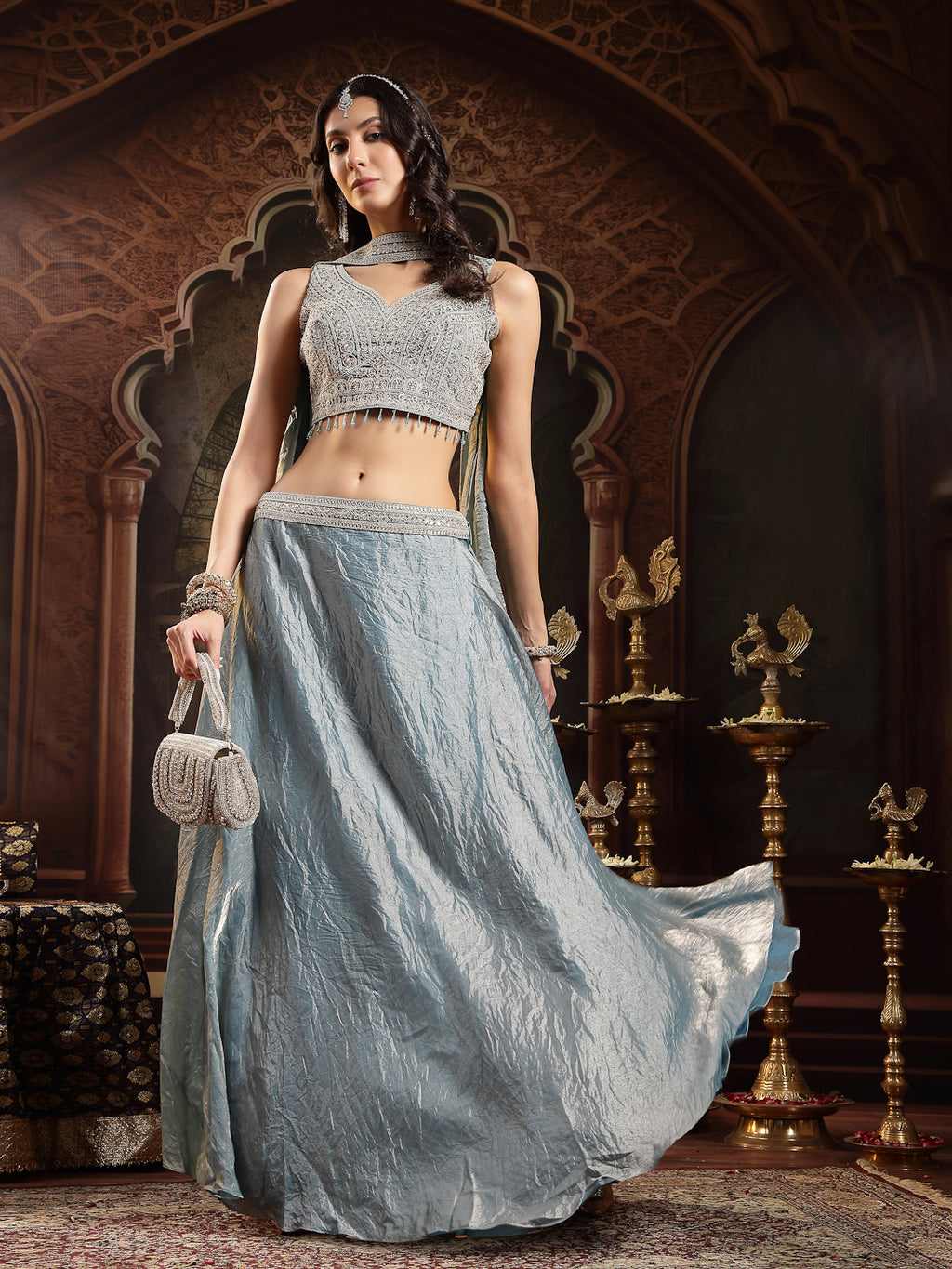 Women's Grey Solid & Embroidered Silk Blend Lehenga Choli With Dupatta