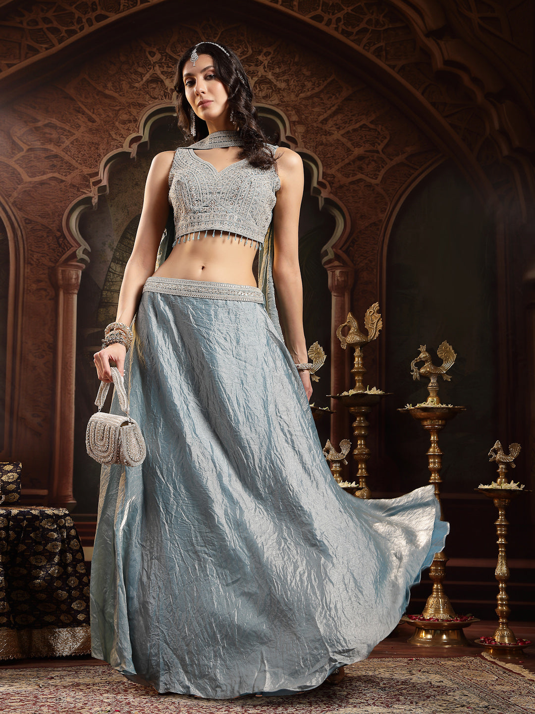 Women's Grey Solid & Embroidered Silk Blend Lehenga Choli With Dupatta