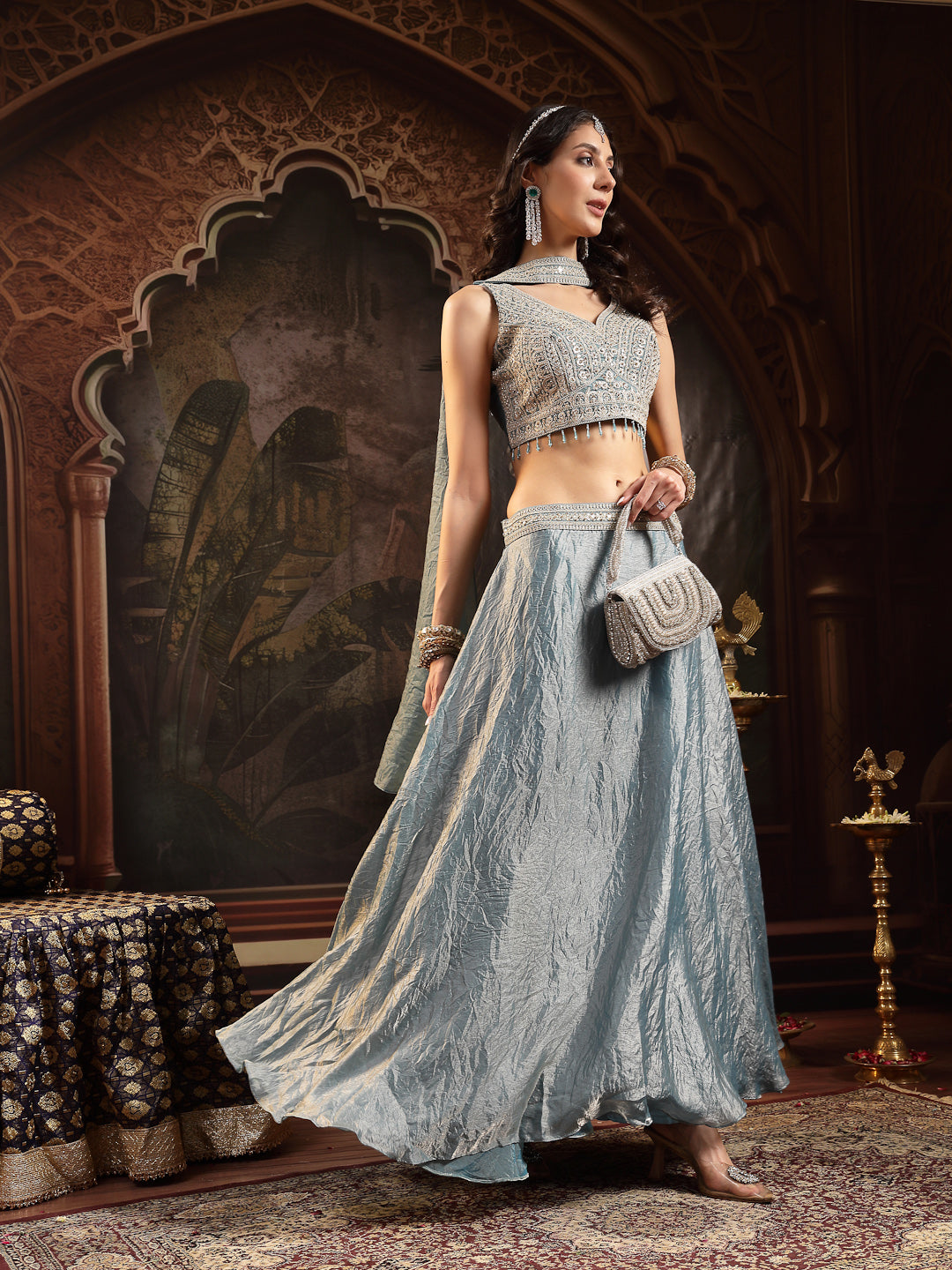 Women's Grey Solid & Embroidered Silk Blend Lehenga Choli With Dupatta