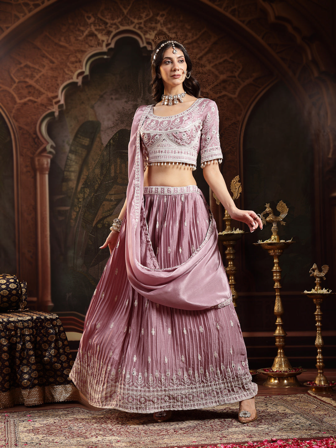 Women's Lavender Embroidered Chinon Lehenga Choli With Dupatta