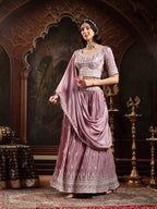 Women's Lavender Embroidered Chinon Lehenga Choli With Dupatta