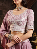 Women's Lavender Embroidered Chinon Lehenga Choli With Dupatta