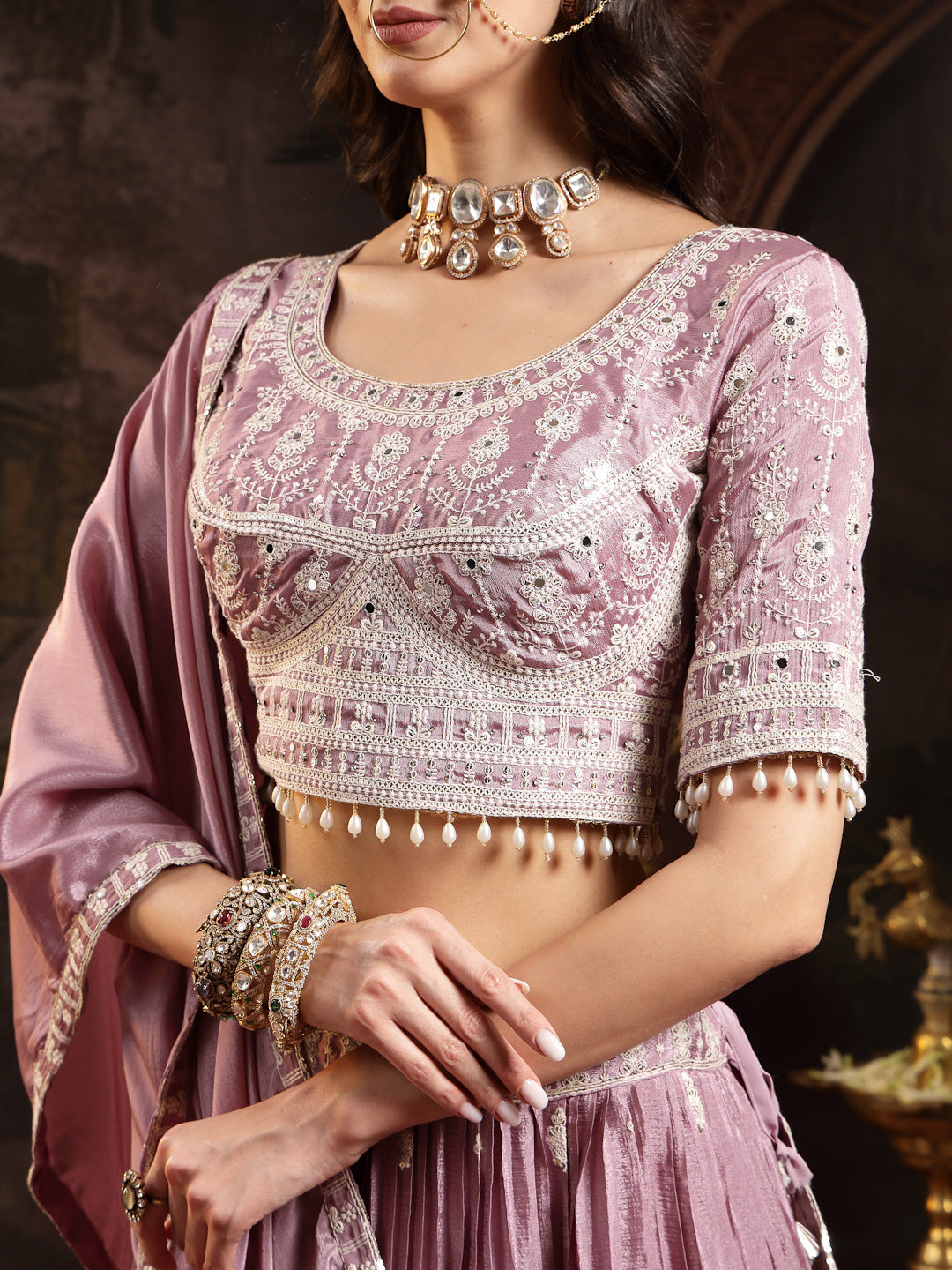Women's Lavender Embroidered Chinon Lehenga Choli With Dupatta