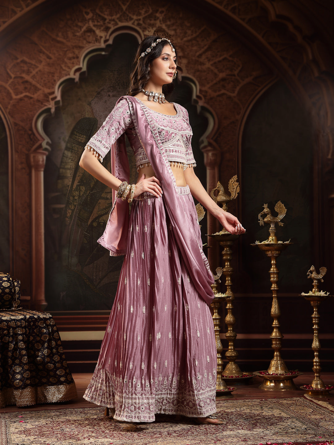 Women's Lavender Embroidered Chinon Lehenga Choli With Dupatta