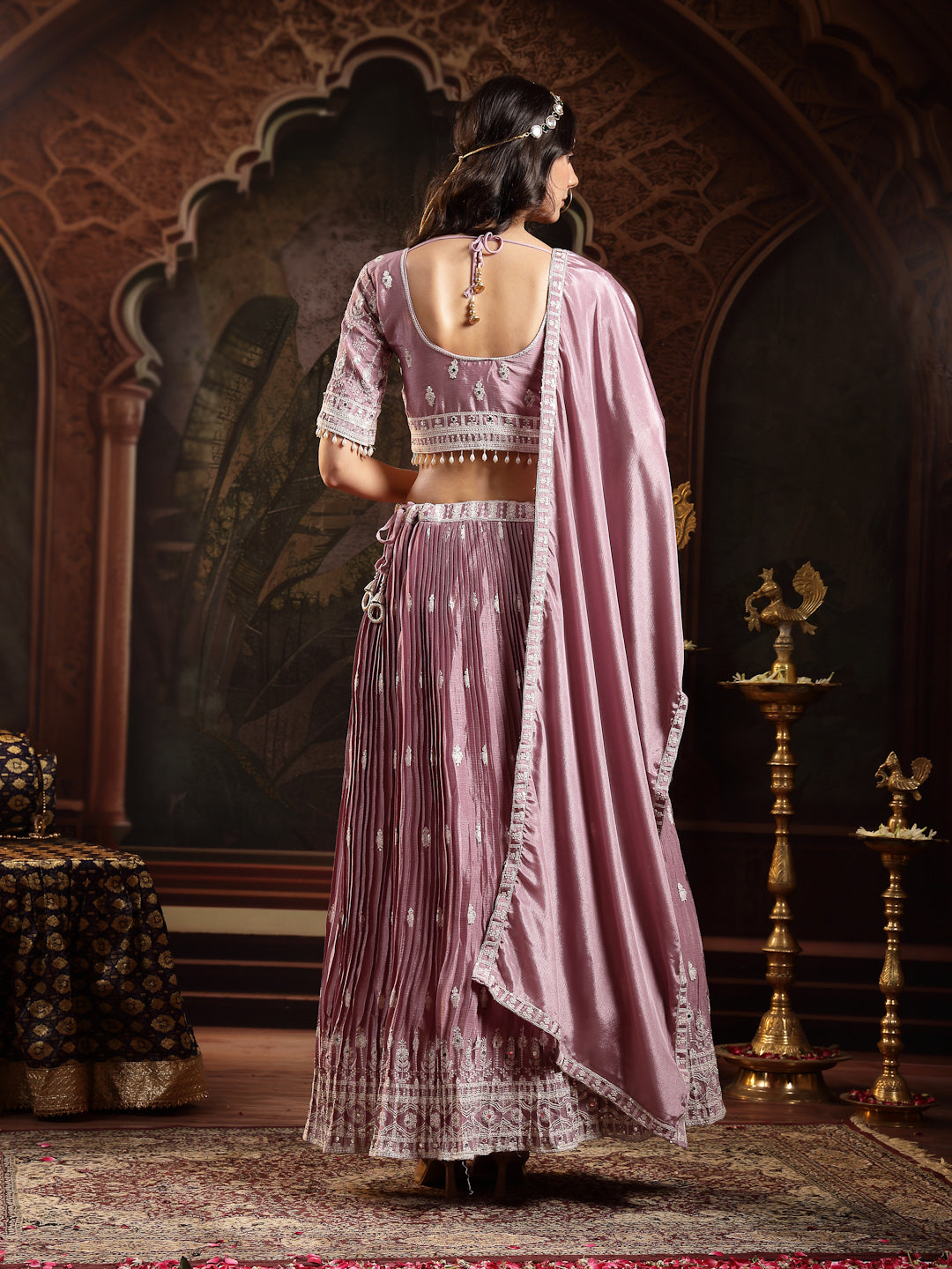 Women's Lavender Embroidered Chinon Lehenga Choli With Dupatta