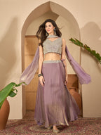 Women's Lavender Solid & Embroidered Georgette Lehenga Choli With Dupatta