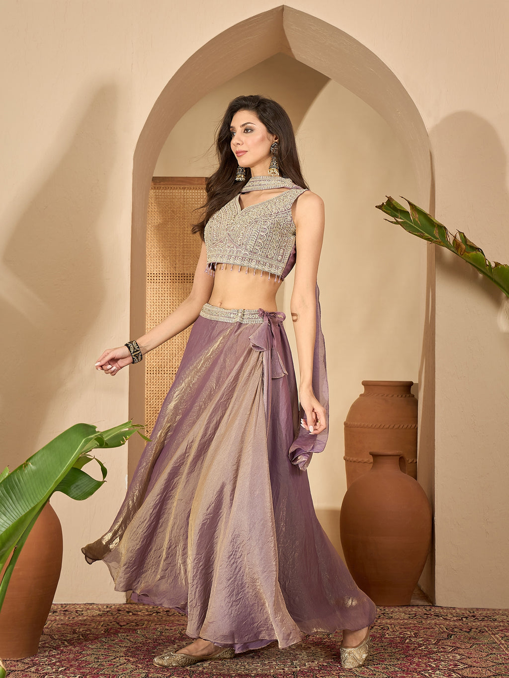 Women's Lavender Solid & Embroidered Georgette Lehenga Choli With Dupatta