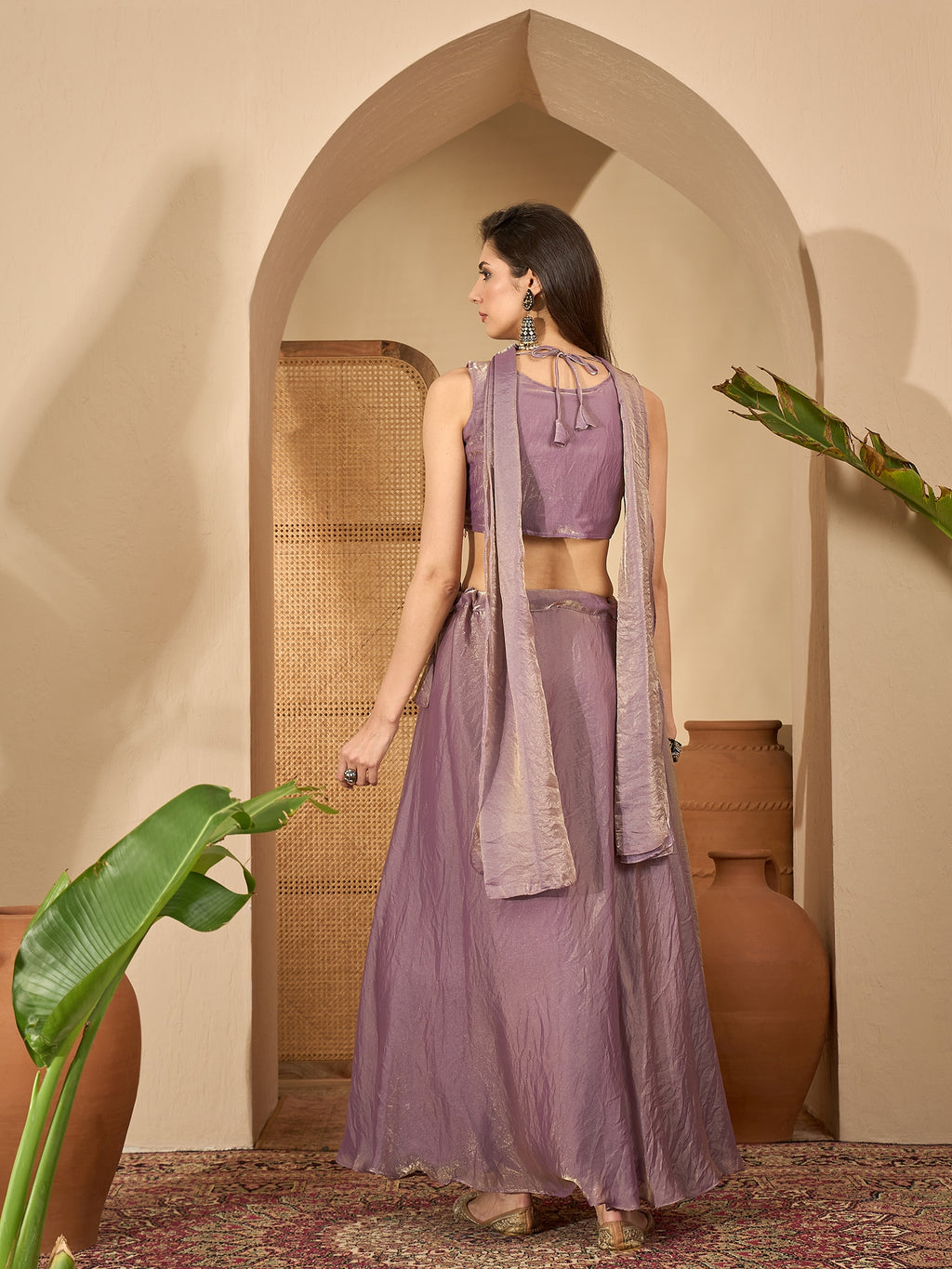 Women's Lavender Solid & Embroidered Georgette Lehenga Choli With Dupatta