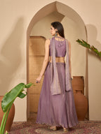 Women's Lavender Solid & Embroidered Georgette Lehenga Choli With Dupatta