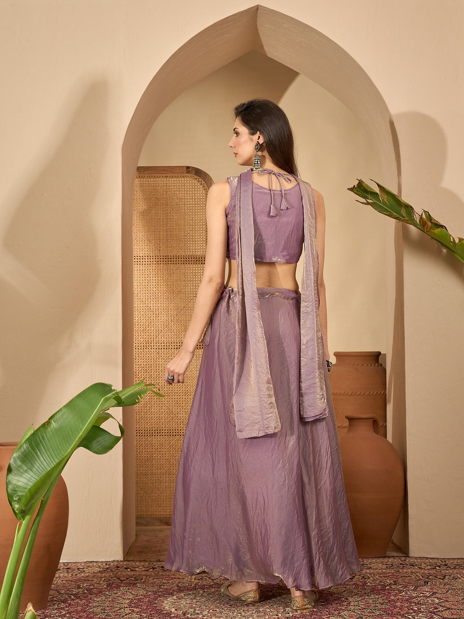 Women's Lavender Solid & Embroidered Georgette Lehenga Choli With Dupatta