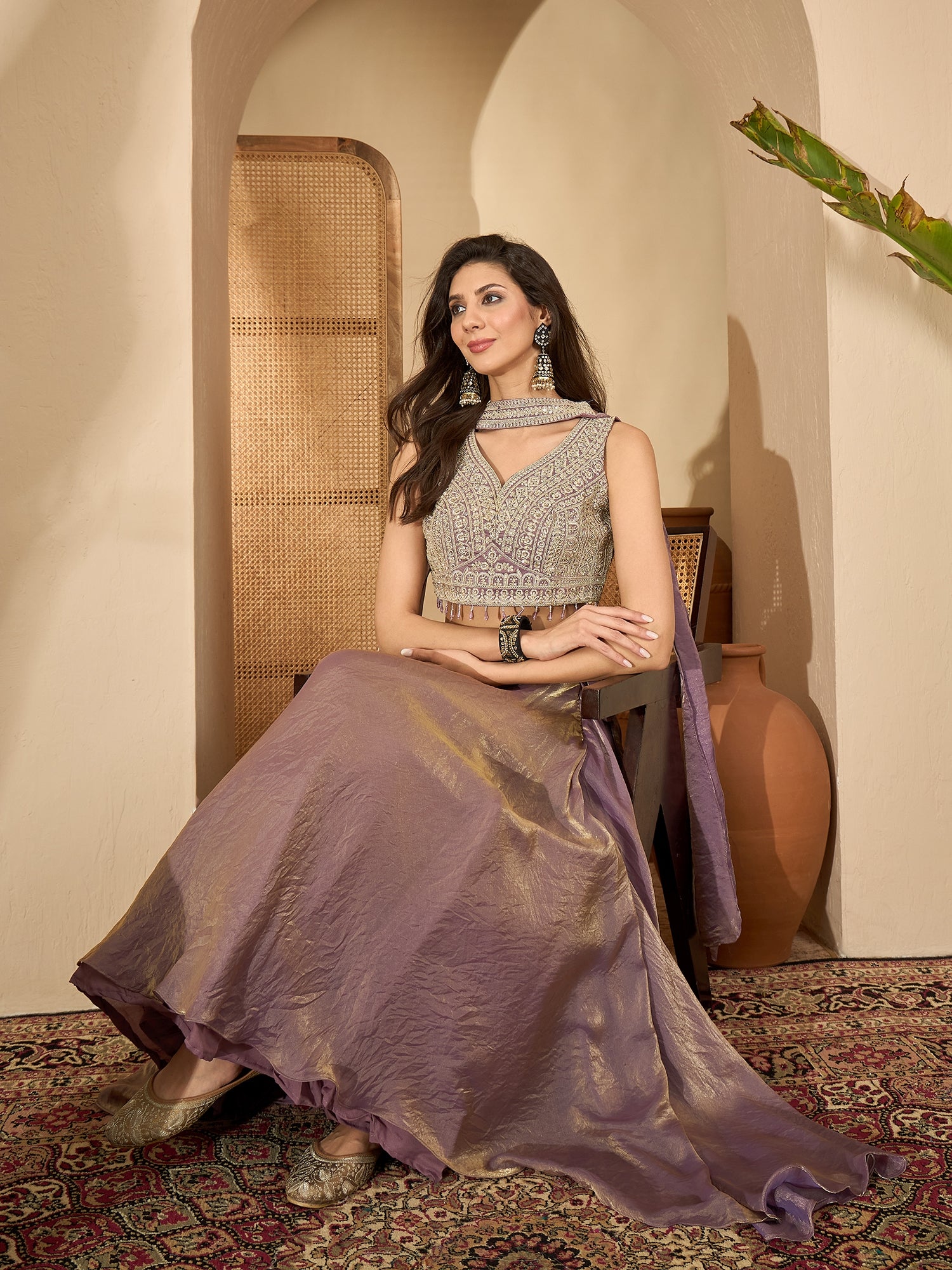 Women's Lavender Solid & Embroidered Georgette Lehenga Choli With Dupatta