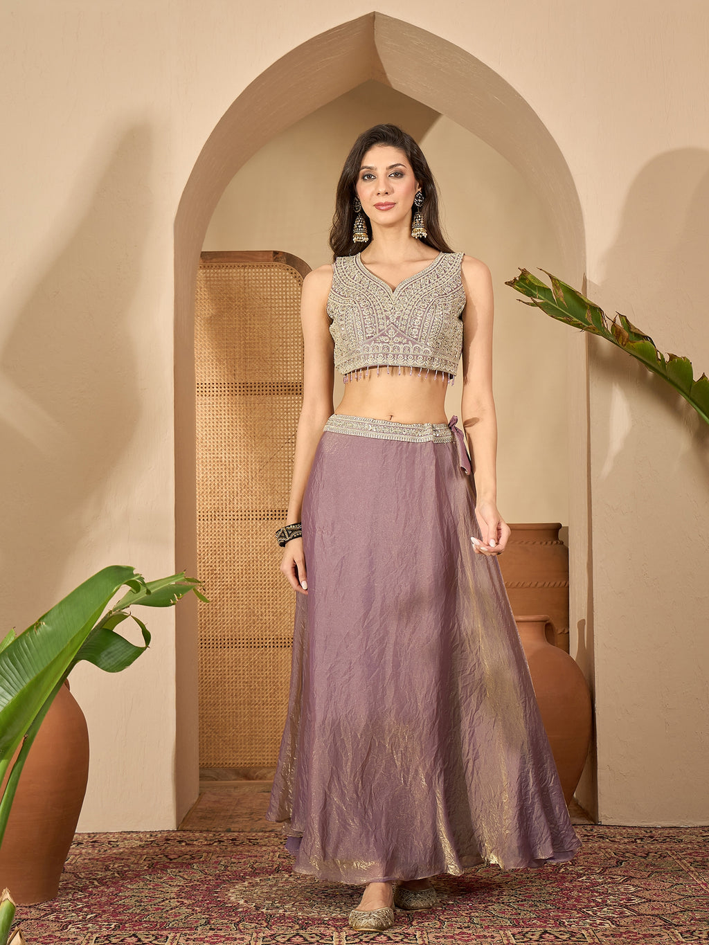 Women's Lavender Solid & Embroidered Georgette Lehenga Choli With Dupatta