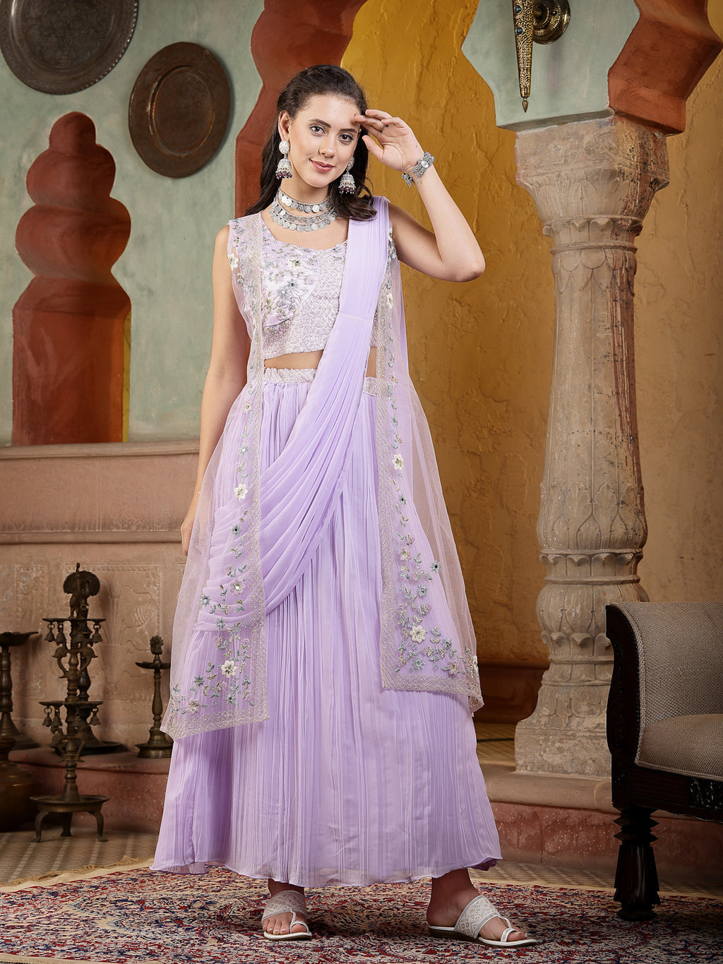 Women's Printed & Embroidered Georgette Draped Lehenga Saree with Blouse