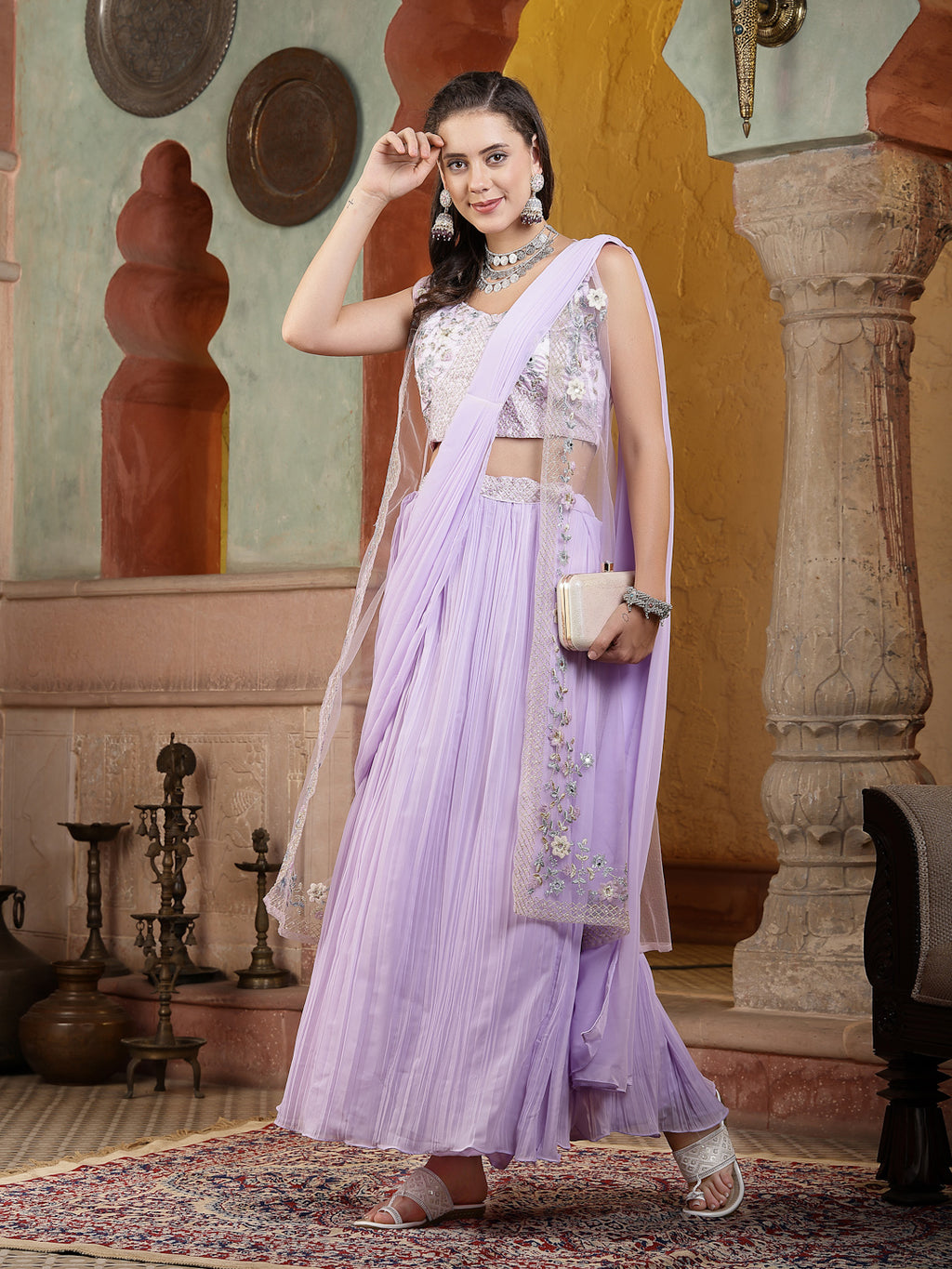 Women's Printed & Embroidered Georgette Draped Lehenga Saree with Blouse