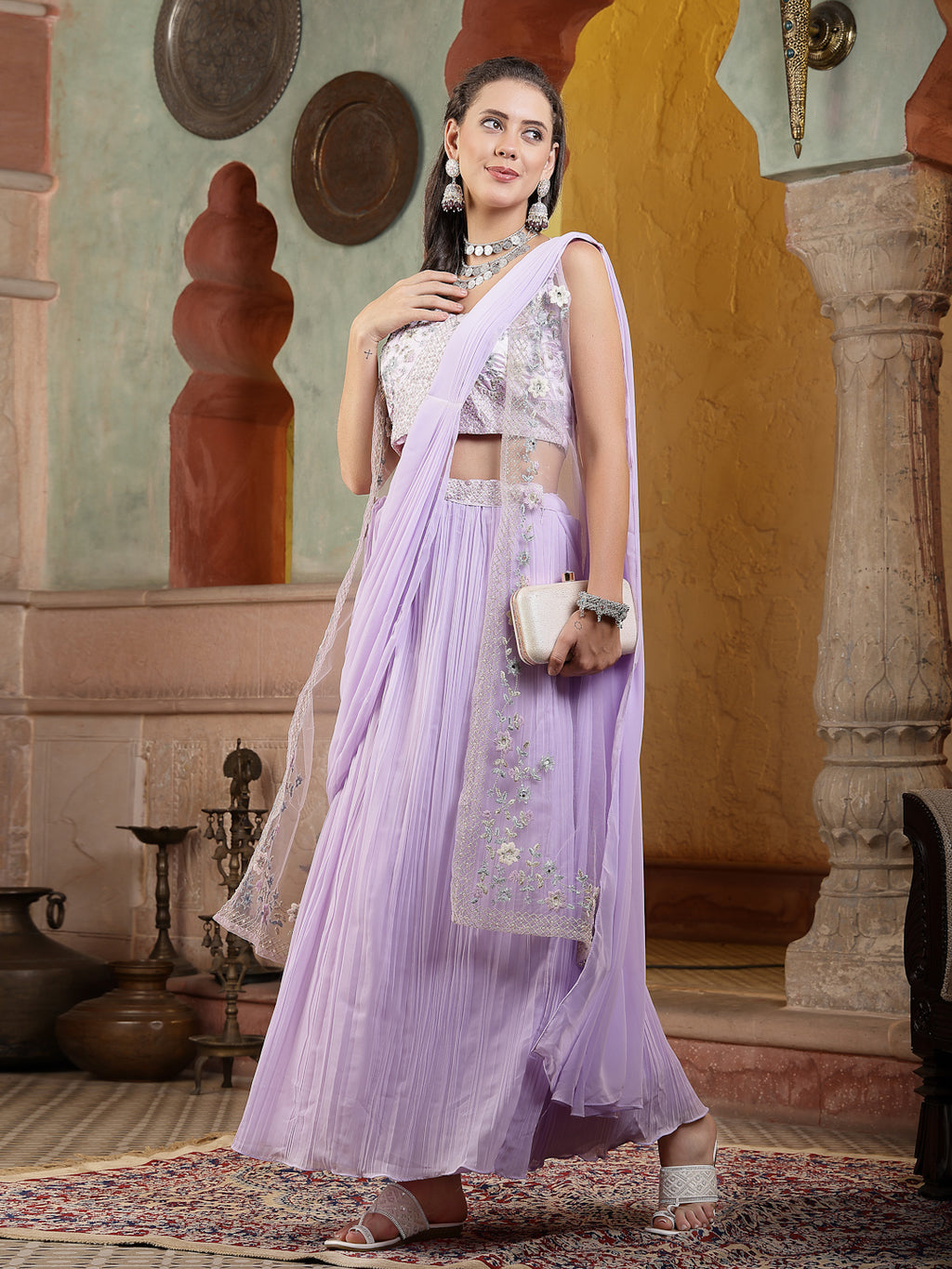 Women's Printed & Embroidered Georgette Draped Lehenga Saree with Blouse