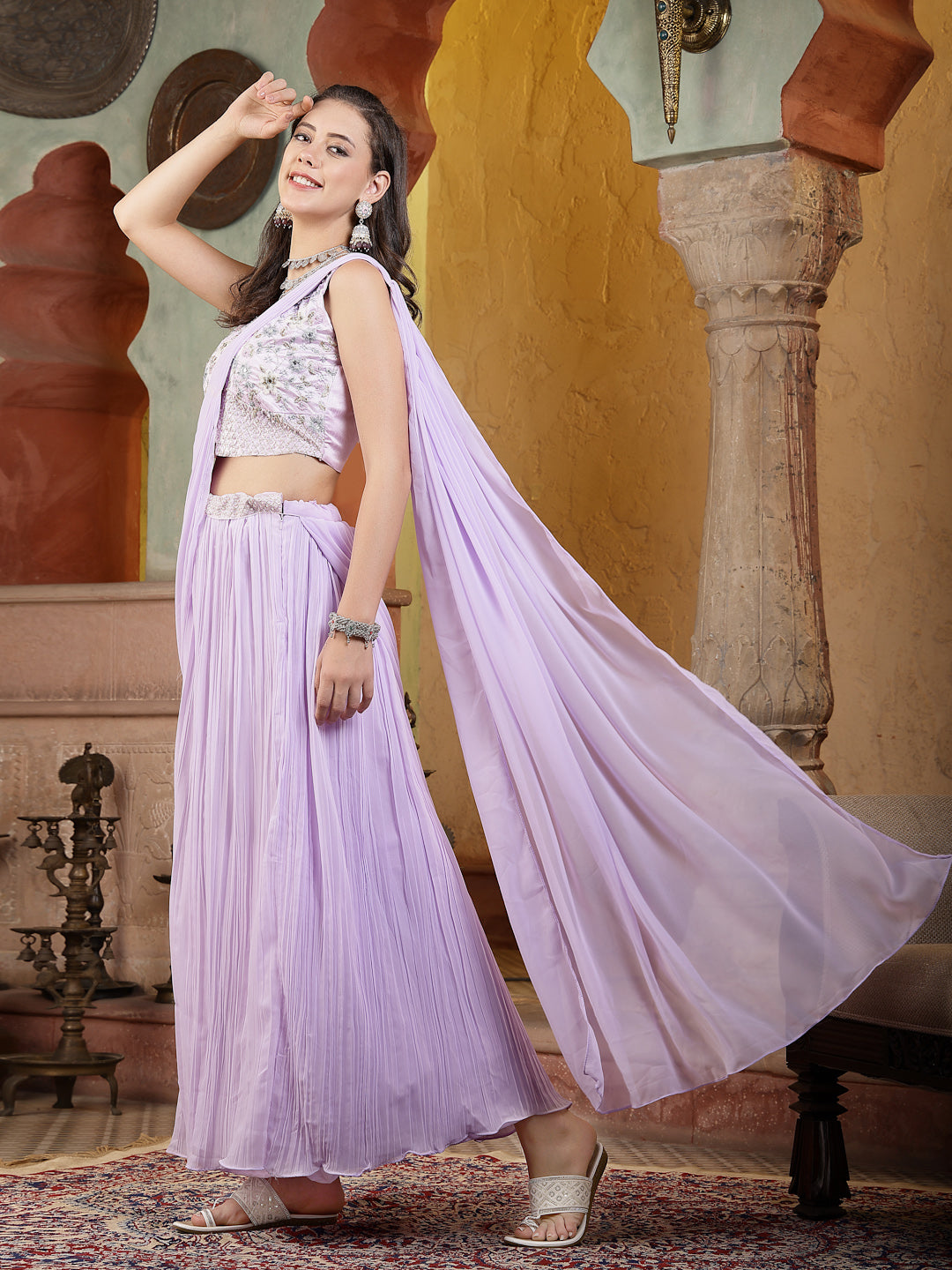 Women's Printed & Embroidered Georgette Draped Lehenga Saree with Blouse
