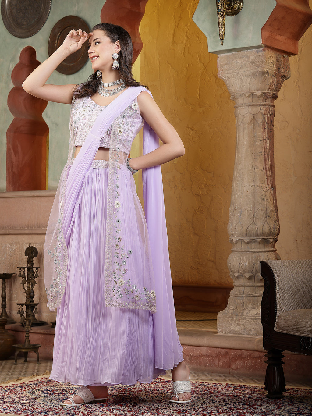 Women's Printed & Embroidered Georgette Draped Lehenga Saree with Blouse