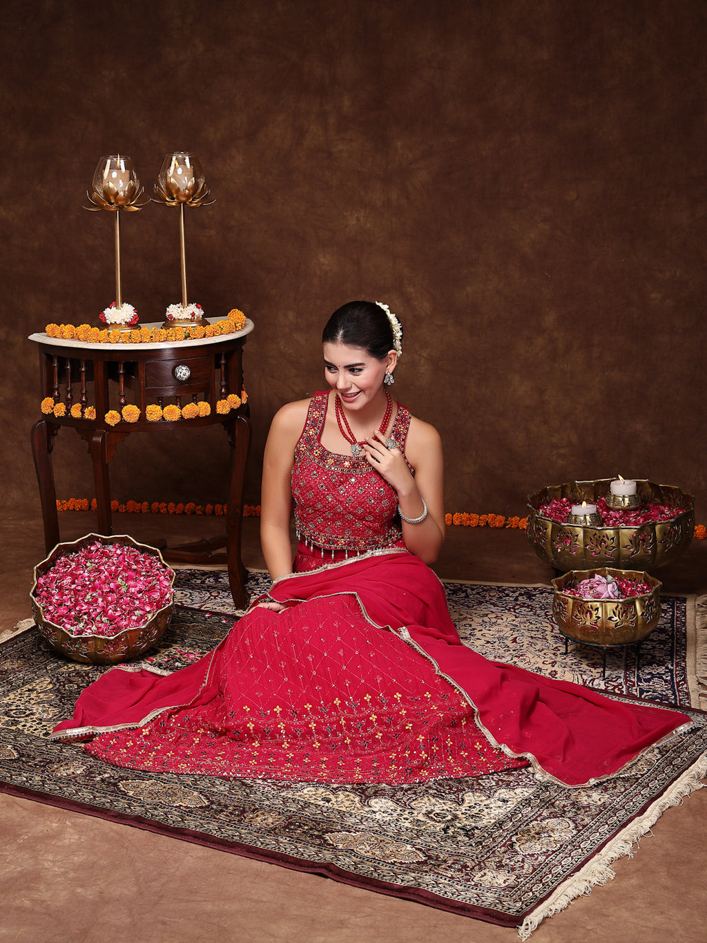 Women's Magenta Embroidered Georgette Lehenga & Blouse with Dupatta