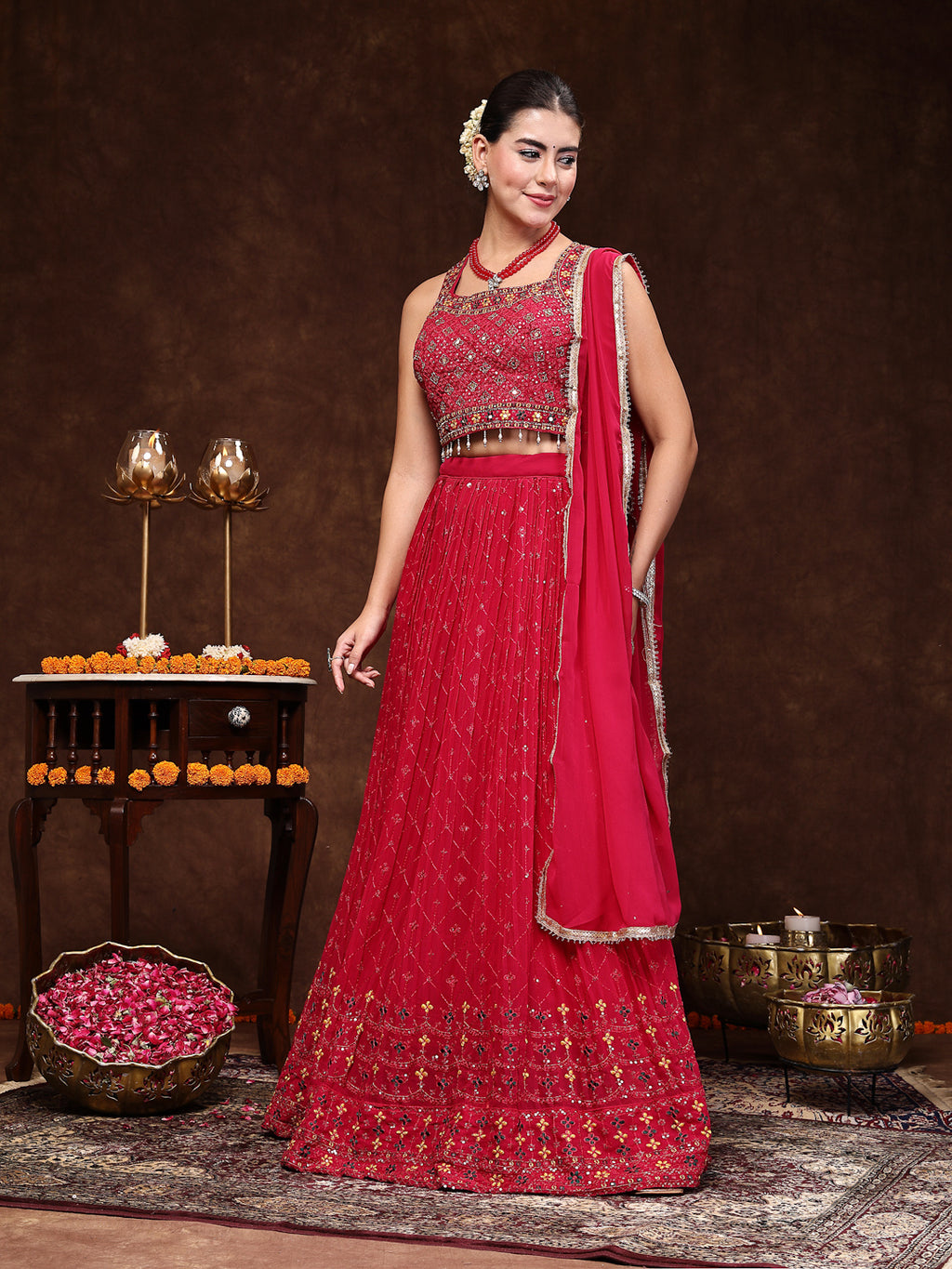Women's Magenta Embroidered Georgette Lehenga & Blouse with Dupatta