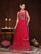 Women's Magenta Embroidered Georgette Lehenga & Blouse with Dupatta
