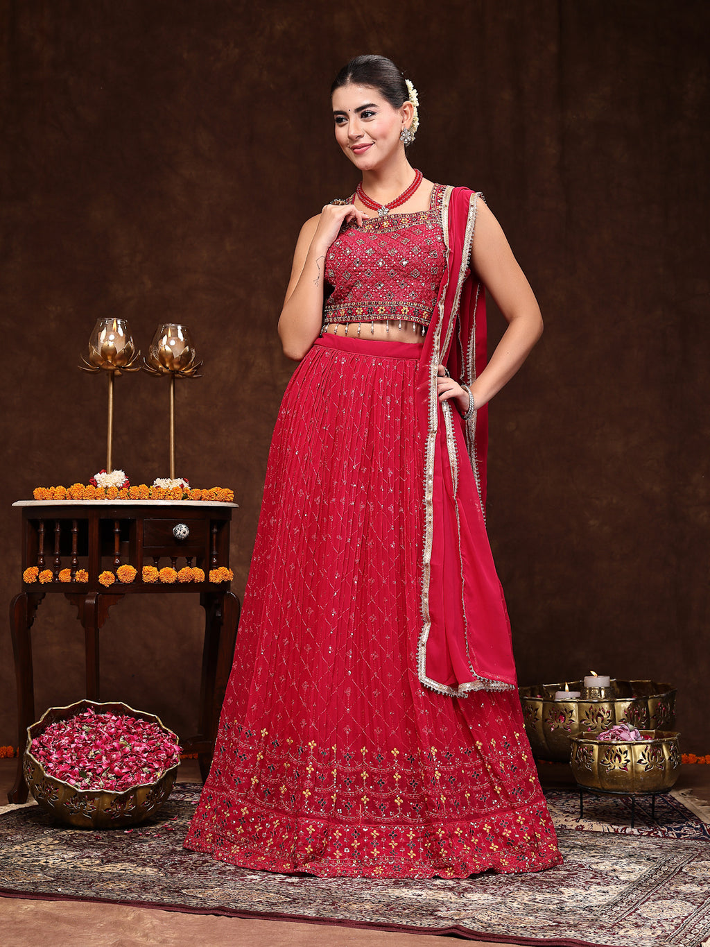 Women's Magenta Embroidered Georgette Lehenga & Blouse with Dupatta