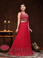Women's Magenta Embroidered Georgette Lehenga & Blouse with Dupatta