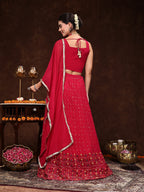 Women's Magenta Embroidered Georgette Lehenga & Blouse with Dupatta